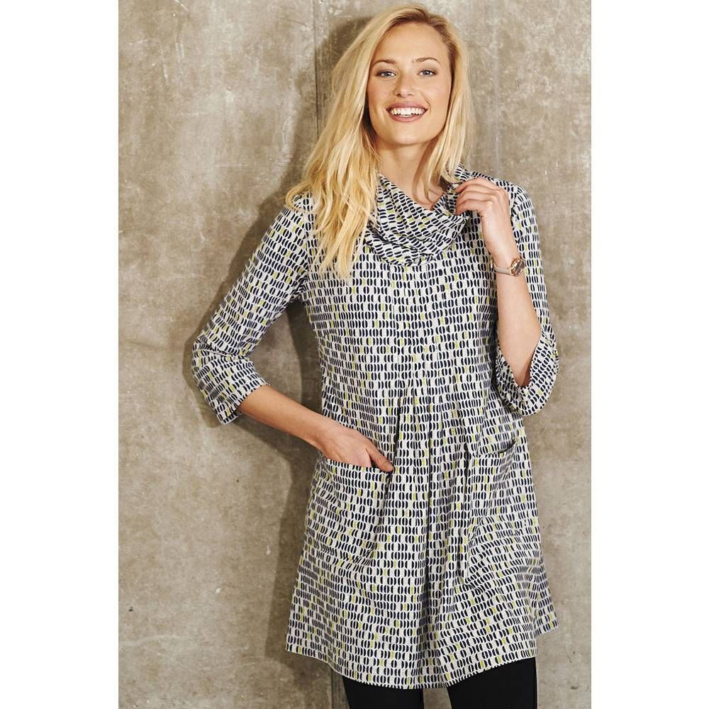 Adini London Womens Cowl Neck Tunic Top Geometric Print Pockets Blue Green Sz 16